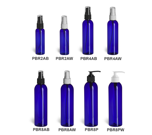 Blue PET Cosmo Round Plastic Bottles with Sprayers and Pumps