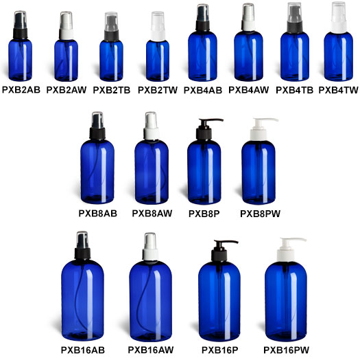 Blue PET Boston Round Bottles with Pumps