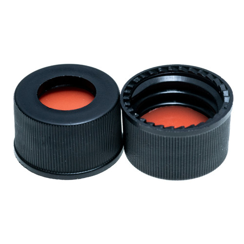 13-425mm Black Open Hole Polypropylene Closure, PTFE/Red Rubber Septa, 0.040"