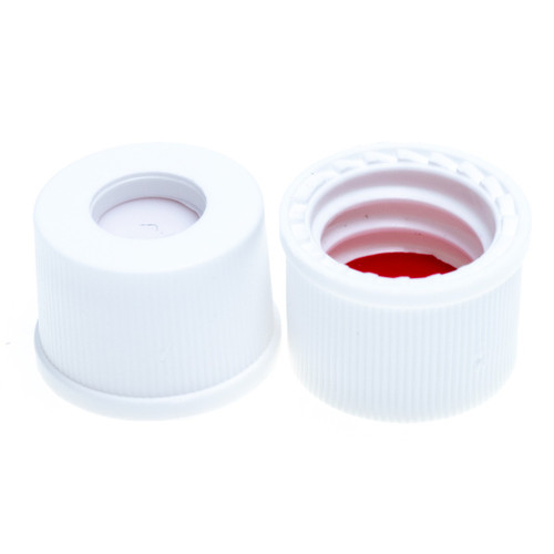 8-425mm White Open Hole Polypropylene Closure, Red PTFE/Silicone Septa, 0.050"