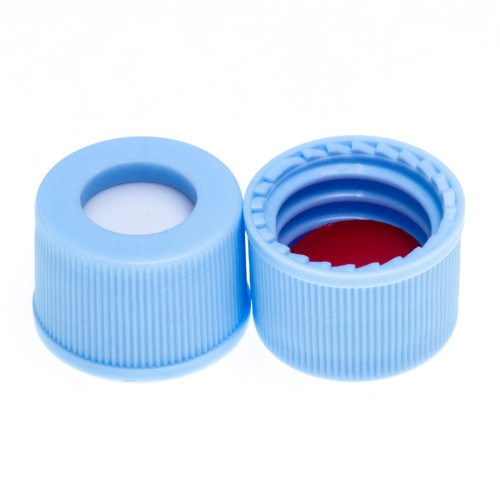 10-425mm Blue Open Hole Polypropylene Closure, Red PTFE/Silicone Septa, 0.060"