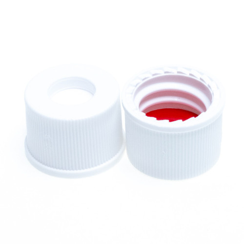 8-425mm White Open Hole Polypropylene Closure, Red PTFE/Silicone Septa, 0.065"