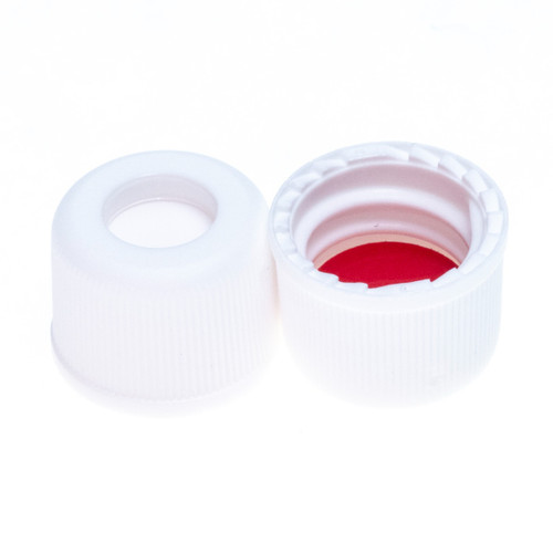 8-425mm Flangeless White Open Hole Polypropylene Closure, Red PTFE/Silicone Septa, 0.065"