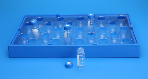 25 Position Insert Tray for Universal Vial Rack, to Hold 12mm Tapered, Flat & Round Bottom Vials, made from Clear PETG