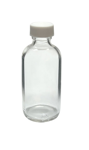 2 oz, 60mL Clear Boston Round Bottle, 20-400mm Thread, White Polypropylene Closure, Unlined