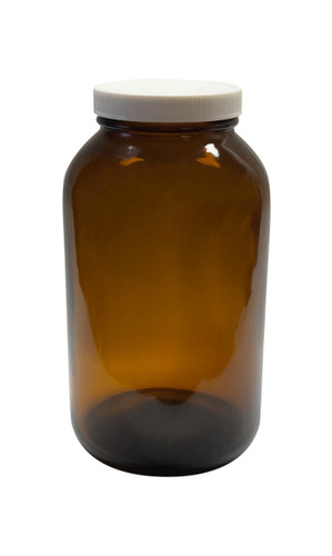 Precleaned - 42 oz, 1250cc Amber Wide Mouth Packer, Solid White Polypropylene, PTFE Lined Closure