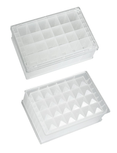 24 Square well, V-bottom  10mL/well polypropylene sterile complete with lid & barcode