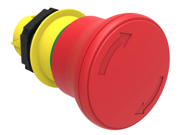 Mushroom head pushbutton actuator Ø22mm Platinum series chromed plastic, latch, turn to release, Ø40mm. For emergency stopping. ISO 13850. Red