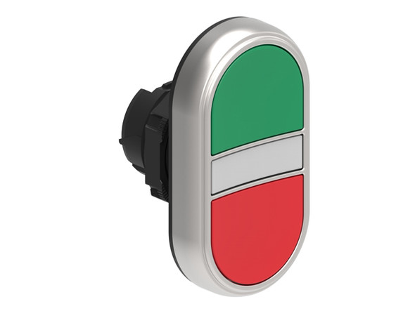Double-touch actuator, spring return, white indicator Ø22mm Platinum series chromed plastic, 2 flush pushbuttons. Both spring return, Green - Red