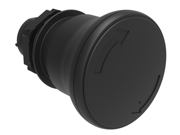 Mushroom head pushbutton actuator Ø22mm Platinum series chromed plastic, latch, turn to release, Ø40mm. For normal stopping. Black