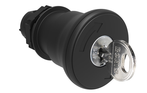 Mushroom head pushbutton actuator Ø22mm Platinum series chromed plastic, latch, turn key to release, Ø40mm. For normal stopping. Black