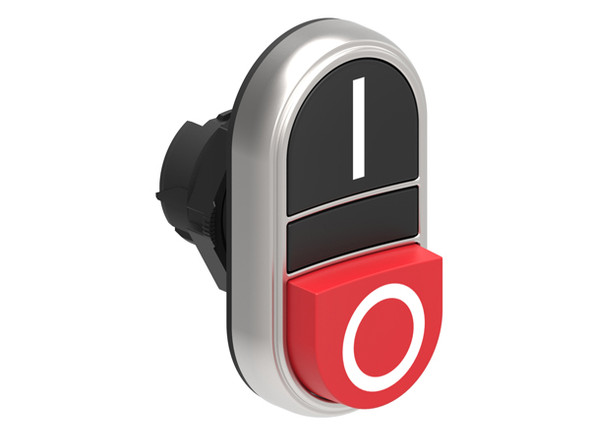 Double-touch actuator, spring return Ø22mm Platinum series chromed plastic, 1 extended and 1 flush pushbuttons. Both spring return, Black - Red/I - 0