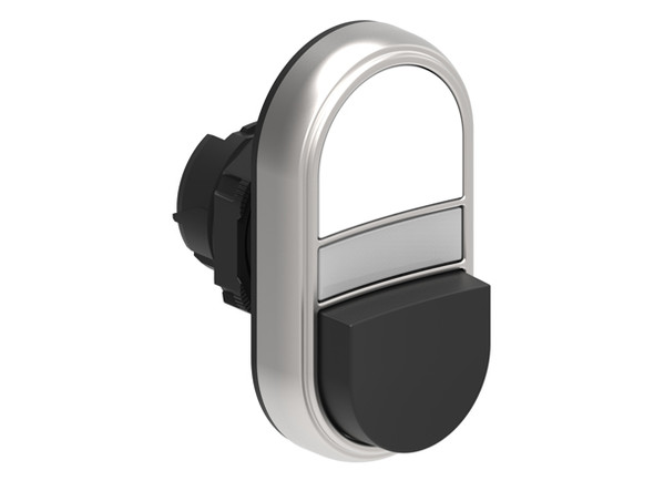 Double-touch actuator, spring return, white indicator Ø22mm Platinum series chromed plastic, 1 extended and 1 flush pushbuttons. Both spring return, White - Black