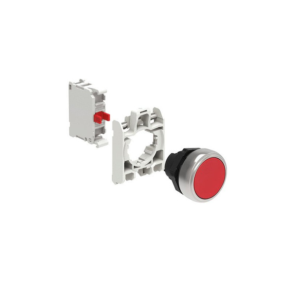 KIT plastic pushbutton actuator, spring return, flush, red with mounting adapter and 1 contact element, NC. Screw termination