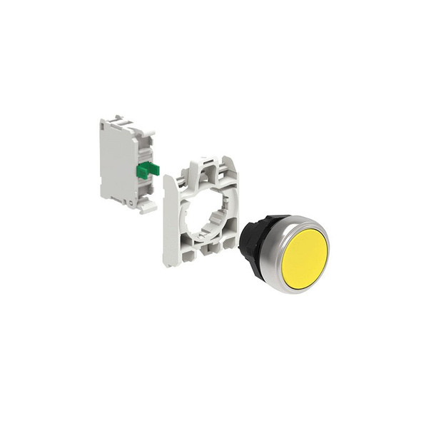KIT plastic pushbutton actuator, spring return, flush, yellow with mounting adapter and 1 contact element, NO. Screw termination