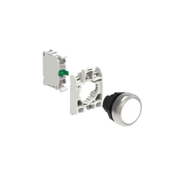 KIT plastic pushbutton actuator, spring return, flush, white with mounting adapter and 1 contact element, NO. Screw termination