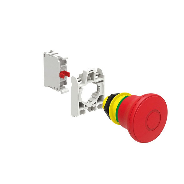 KIT plastic mushroom head pushbutton actuator, latch, pull to release, Ø40mm. For emergency stopping. ISO 13850. Red with mounting adapter and 1 contact element, NC. Screw termination