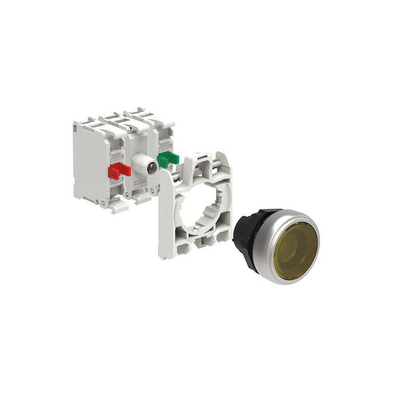 KIT plastic illuminated button actuator, spring return, flush, yellow with mounting adapter and 2 contact elements, 1NO+1NC. Screw termination. LED integrated lamp-holder, steady light, 12...30VAC/DC