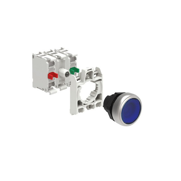 KIT plastic illuminated button actuator, spring return, flush, blue with mounting adapter and 2 contact elements, 1NO+1NC. Screw termination. LED integrated lamp-holder, steady light, 185...265VAC