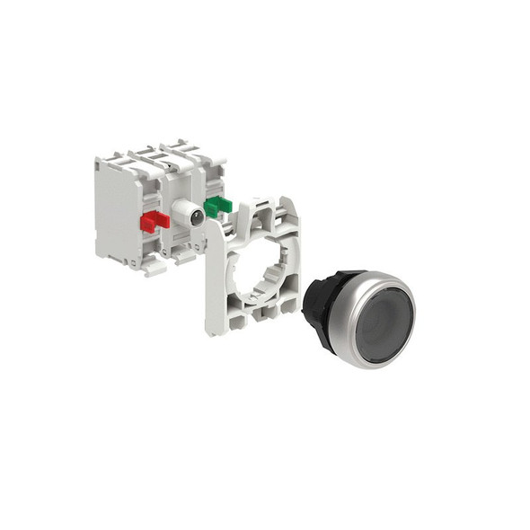 KIT plastic illuminated button actuator, spring return, flush, transparent with mounting adapter and 2 contact elements, 1NO+1NC. Screw termination. LED integrated lamp-holder, steady light, 12...30VAC/DC