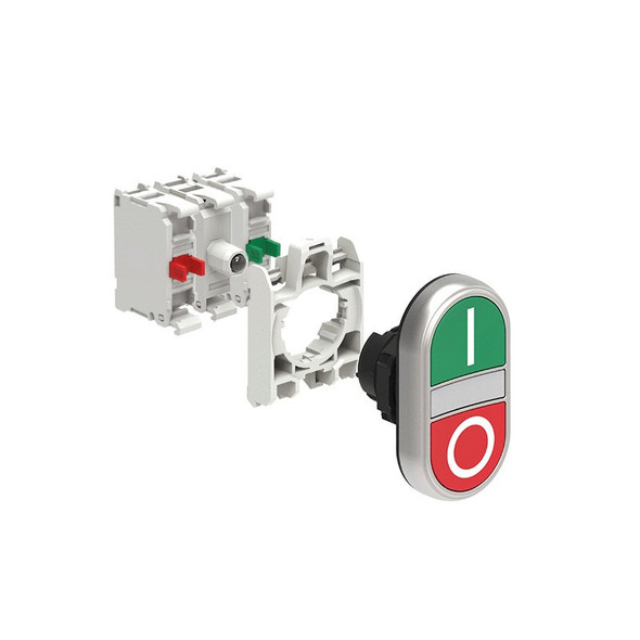 KIT plastic double-touch actuator, spring return, white indicator, 2 flush pushbuttons, Green Red/I 0 with mounting adapter and 2 contact elements, 1NO+1NC. Screw termination. LED integrated lamp-holder, steady light, 12...30VAC/DC