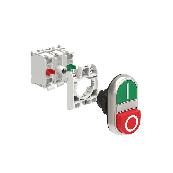 KIT plastic double-touch actuator, spring return, white indicator, 1 extended and 1 flush pushbuttons, Green Red/I 0 with mounting adapter and 2 contact element, 1NO+1NC. Screw termination. LED integrated lamp-holder, steady light, 12...30VAC/DC