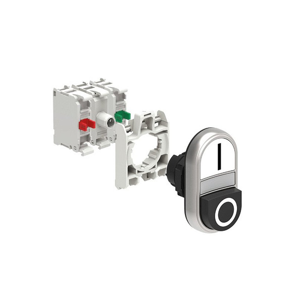 KIT plastic double-touch actuator, spring return, white indicator, 1 extended and 1 flush pushbuttons, White Black/I 0 with mounting adapter and 2 contact elements, 1NO+1NC. Screw termination. LED integrated lamp-holder, steady light, 12...30VAC/DC
