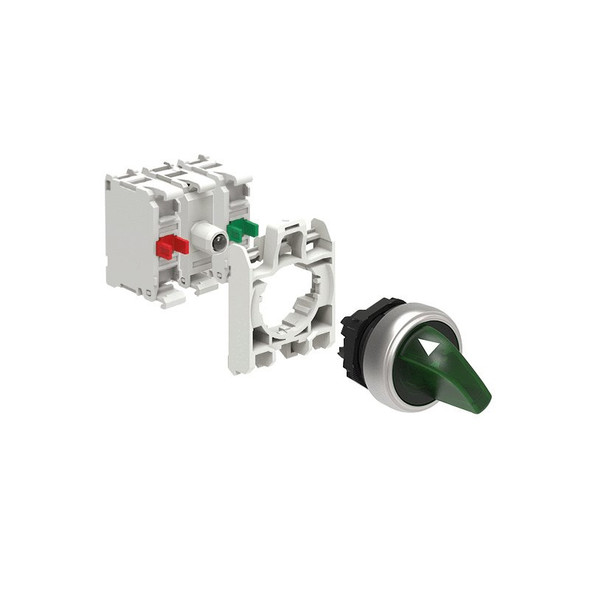 KIT plastic illuminated selector switch actuator, 2 position, 0 1. Green with mounting adapter and 2 contact elements, 1NO+1NC. Screw termination. LED integrated lamp-holder, steady light, 12...30VAC/DC