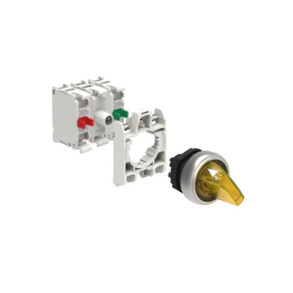 KIT plastic illuminated selector switch actuator, 2 position, 0 1. Yellow with mounting adapter and 2 contact elements, 1NO+1NC. Screw termination. LED integrated lamp-holder, steady light, 185...265VAC