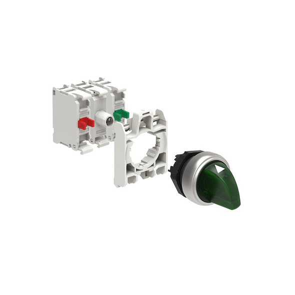 KIT plastic illuminated selector switch actuator, 3 position, 1 0 2. Green with mounting adapter and 2 contact elements, 1NO+1NC. Screw termination. LED integrated lamp-holder, steady light, 12...30VAC/DC