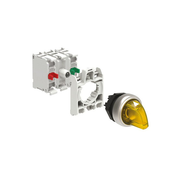 KIT plastic illuminated selector switch actuator, 3 position, 1 0 2. Yellow with mounting adapter and 2 contact elements, 1NO+1NC. Screw termination. LED integrated lamp-holder, steady light, 12...30VAC/DC