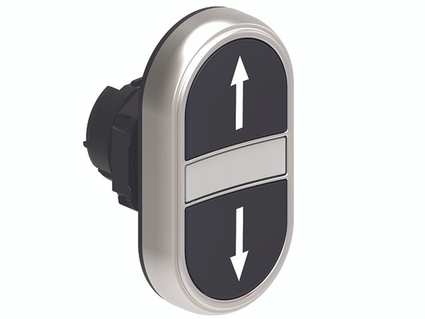 Double-touch actuator, spring return, white indicator Ø22mm Platinum series chromed plastic, 2 flush pushbuttons. Both spring return, Black - Black/? - ?