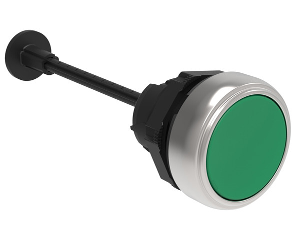 Mechanical RESET button, complete unit, spring return Ø22mm Platinum series chromed plastic, flush. Adjustable length 0...150mm/5.9in, green