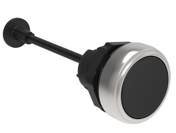 Mechanical RESET button, complete unit, spring return Ø22mm Platinum series chromed plastic, flush. Adjustable length 0...150mm/5.9in, black