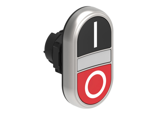 Double-touch actuator, spring return, white indicator Ø22mm Platinum series chromed plastic, 2 flush pushbuttons. Both spring return, Black - Red/I - 0