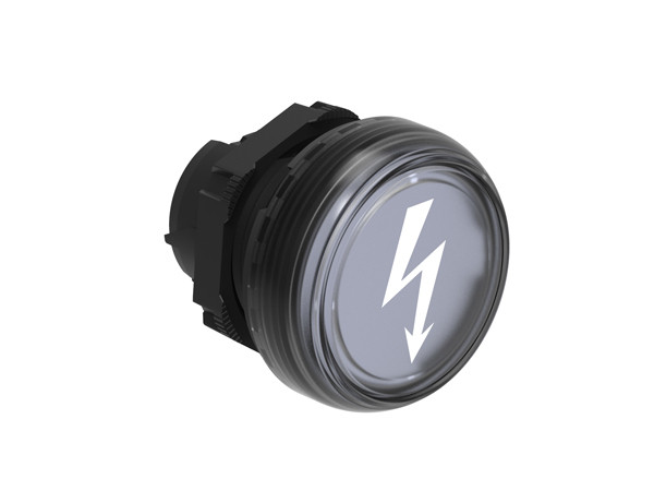 Pilot light head Ø22mm Platinum series chromed plastic, transparent with symbol indicating "DANGEROUS VOLTAGE". Without mounting adapter
