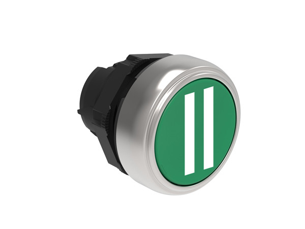 Pushbutton actuator, spring return, with symbol Ø22mm Platinum series chromed plastic, flush, II/Green