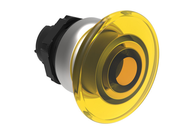 Illuminated mushroom head button actuator Ø22mm Platinum series chromed plastic, spring return, Ø40mm. Yellow