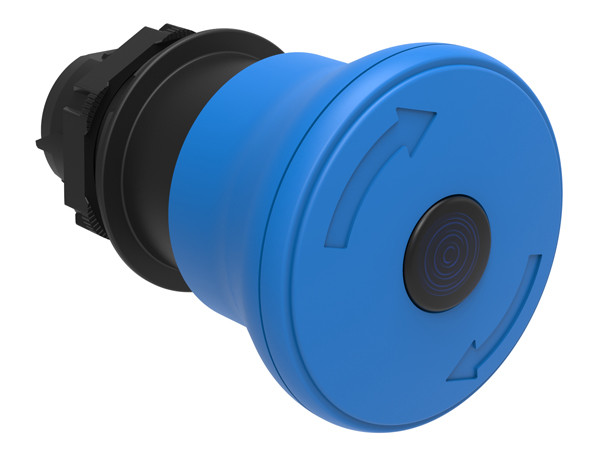 Illuminated mushroom head button actuator Ø22mm Platinum series chromed plastic, latch, turn to release, Ø40mm. For normal stopping. Blue