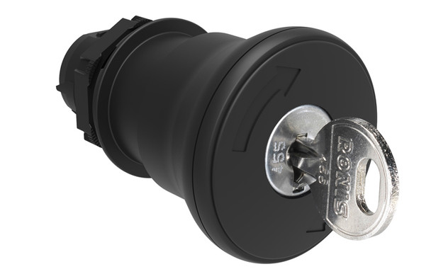 Mushroom head pushbutton actuator Ø22mm Platinum series chromed plastic, latch, turn key to release, Ø40mm. For normal stopping. Black