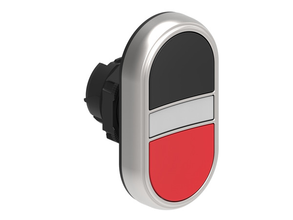 Double-touch actuator, spring return, white indicator Ø22mm Platinum series chromed plastic, 2 flush pushbuttons. Both spring return, Black - Red