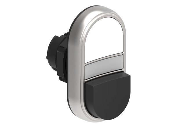 Double-touch actuator, spring return, white indicator Ø22mm Platinum series chromed plastic, 1 extended and 1 flush pushbuttons. Both spring return, White - Black