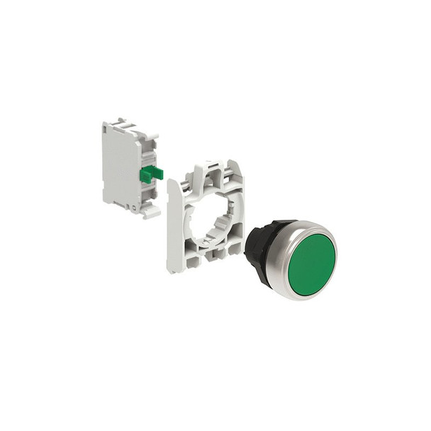 KIT plastic pushbutton actuator, spring return, flush, green with mounting adapter and 1 contact element, NO. Screw termination
