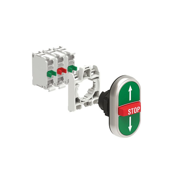 KIT plastic triple-touch actuator, spring return, 2 external flush and 1 middle extended pushbuttons. Spring return, ? STOP ? with mounting adapter and 2 contact elements, 2NO+1NC. Screw termination