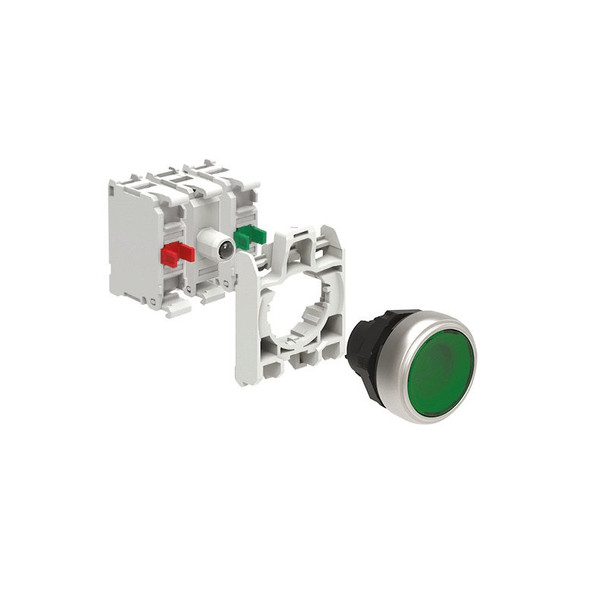KIT plastic illuminated button actuator, spring return, flush, green with mounting adapter and 2 contact elements, 1NO+1NC. Screw termination. LED integrated lamp-holder, steady light, 12...30VAC/DC