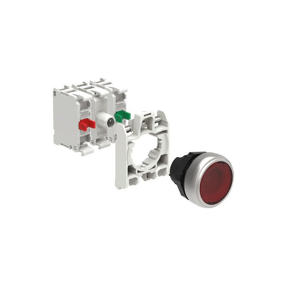 KIT plastic illuminated button actuator, spring return, flush, red with mounting adapter and 2 contact elements, 1NO+1NC. Screw termination. LED integrated lamp-holder, steady light, 185...265VAC