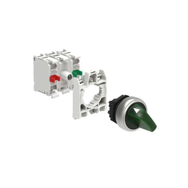 KIT plastic illuminated selector switch actuator, 2 position, 0 1. Green with mounting adapter and 2 contact elements, 1NO+1NC. Screw termination. LED integrated lamp-holder, steady light, 12...30VAC/DC