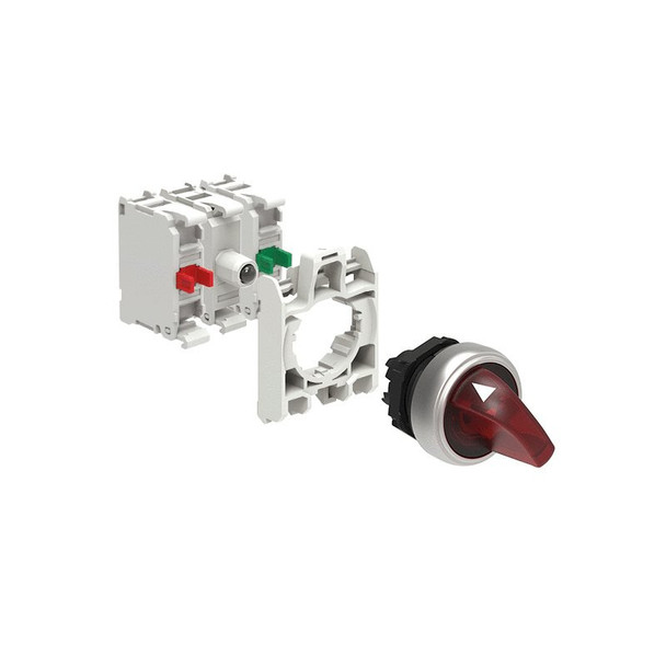 KIT plastic illuminated selector switch actuator, 2 position, 0 1. Red with mounting adapter and 2 contact elements, 1NO+1NC. Screw termination. LED integrated lamp-holder, steady light, 185...265VAC
