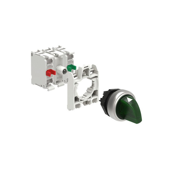 KIT plastic illuminated selector switch actuator, 3 position, 1 0 2. Green with mounting adapter and 2 contact elements, 1NO+1NC. Screw termination. LED integrated lamp-holder, steady light, 12...30VAC/DC