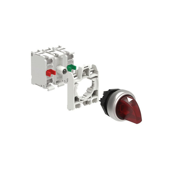 KIT plastic illuminated selector switch actuator, 3 position, 1 0 2. Red with mounting adapter and 2 contact elements, 1NO+1NC. Screw termination. LED integrated lamp-holder, steady light, 12...30VAC/DC